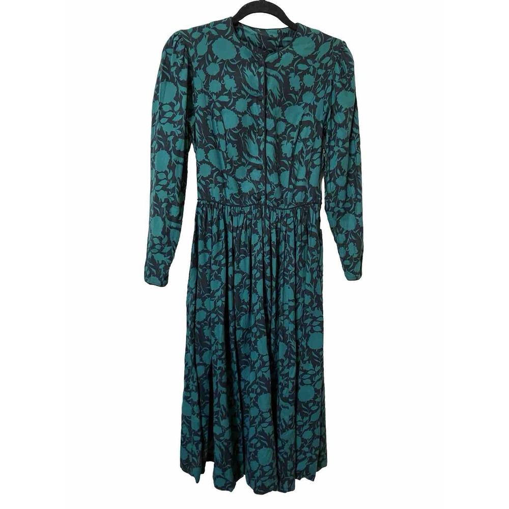 Vintage Laura Ashley Teal Black Floral Cotton Wool Midi Dress Made in UK 8 10 36
